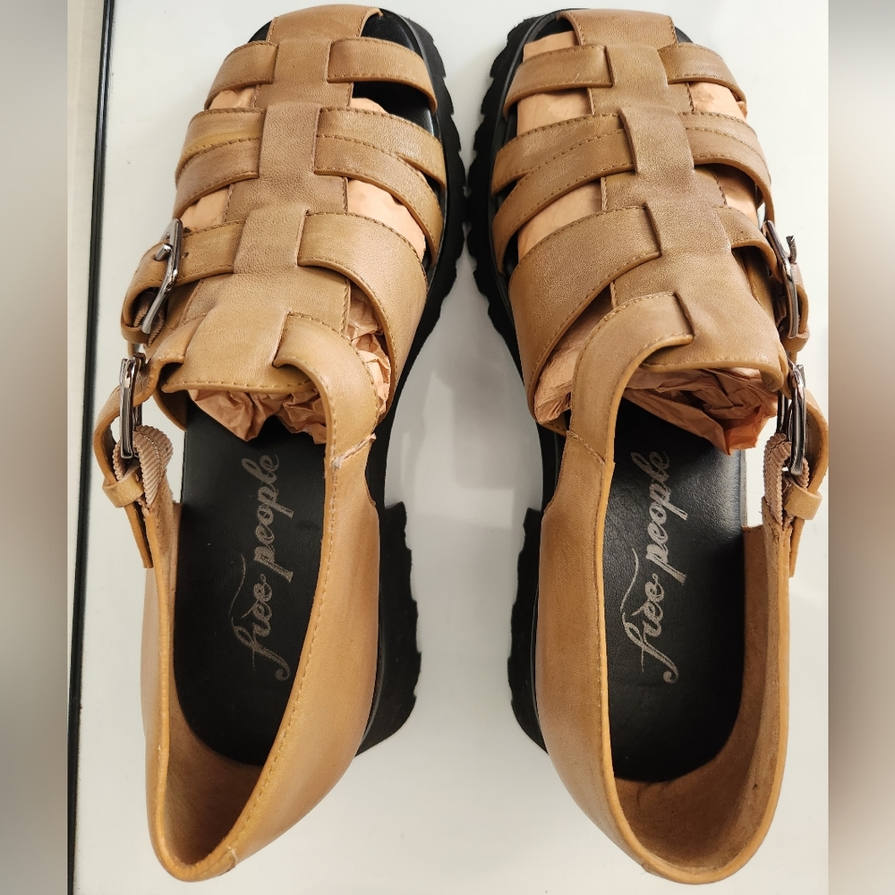 Free People Tan Woven Leather Platform Sandals - Picture 3 of 10
